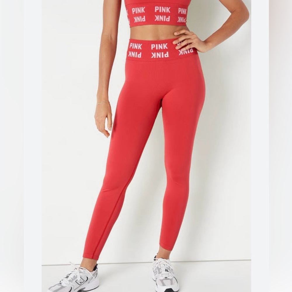 Pink Salmon Seamless High-Waist Full Length Tight Leggings and Sports Bra
Set